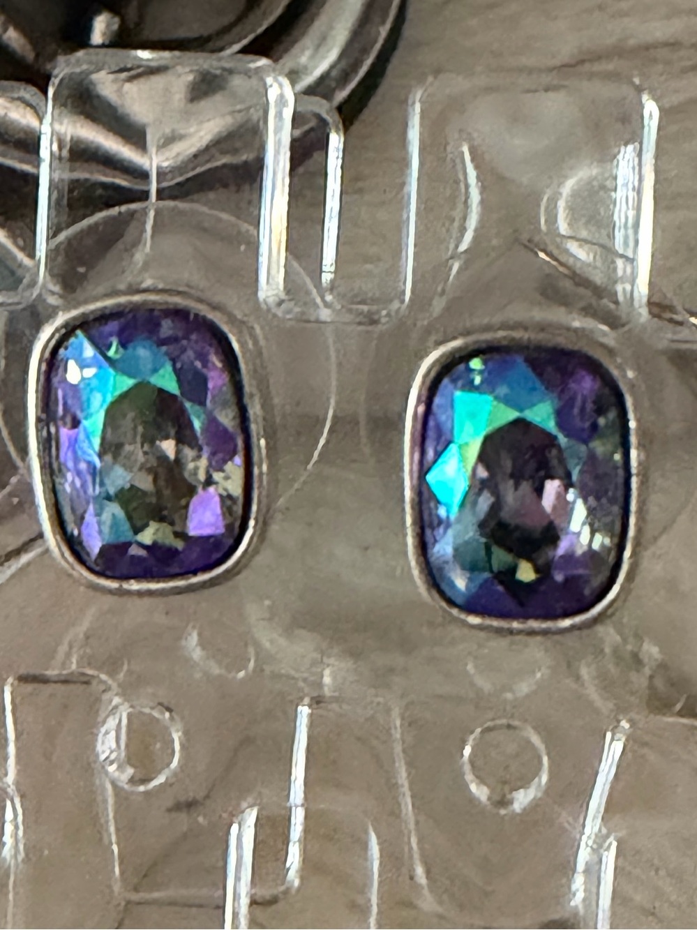 Touchstone Crystal Purple and Teal Oval Mystic Stud Earrings